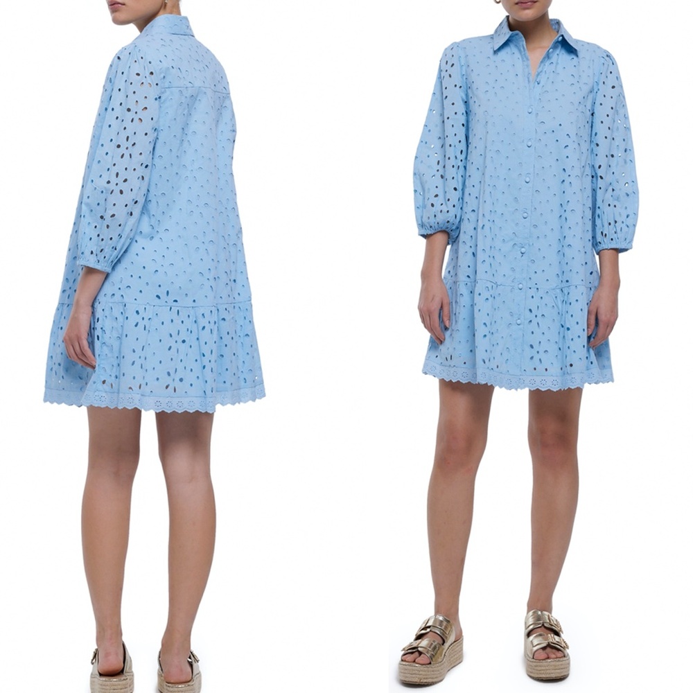 RIVER ISLAND Penny Puff Sleeve Cotton Eyelet Shirtdress - Picture 2 of 3